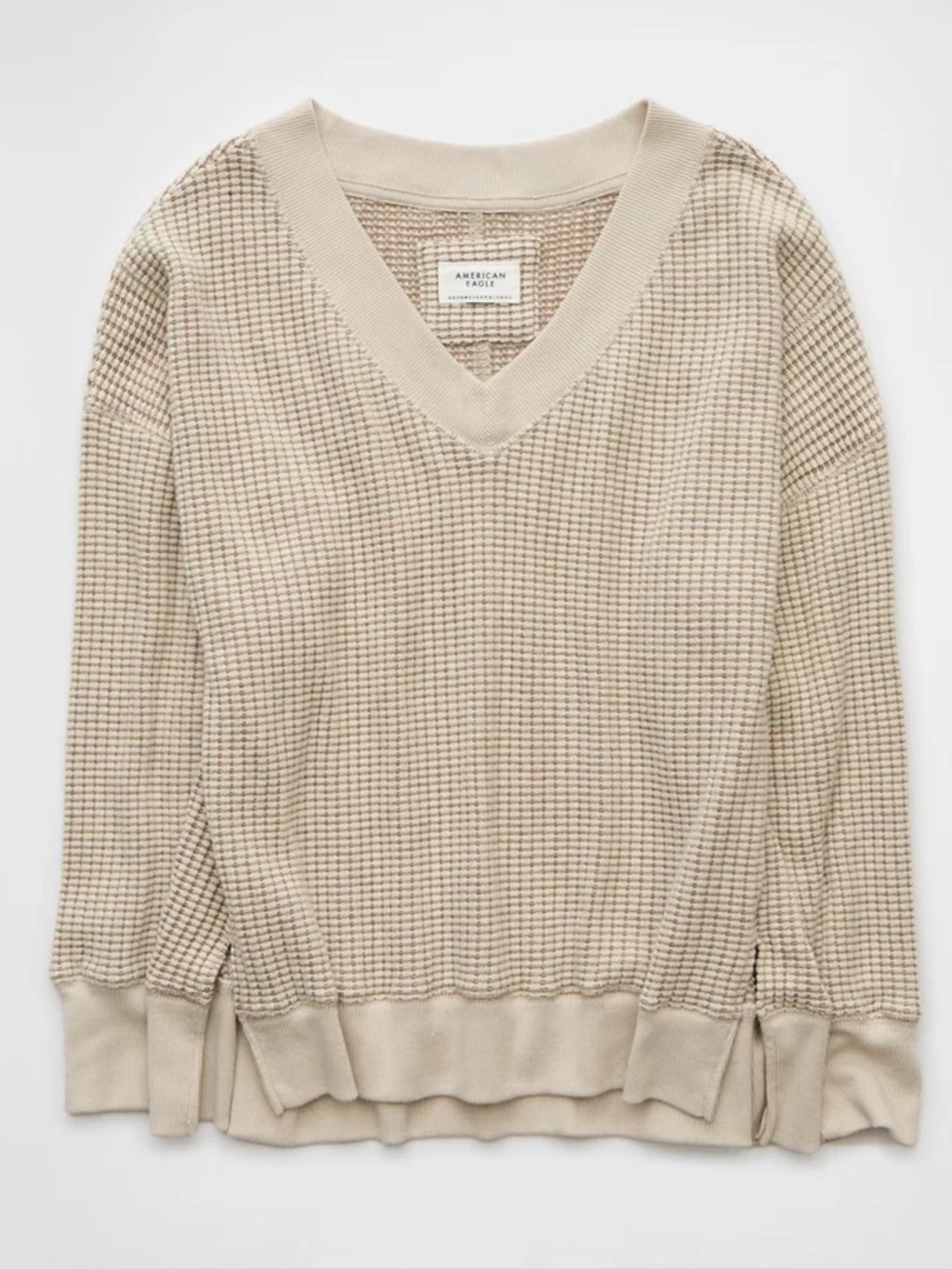 American Eagle Lived-In Cozy Waffle V-Neck Sweater - white/cream
